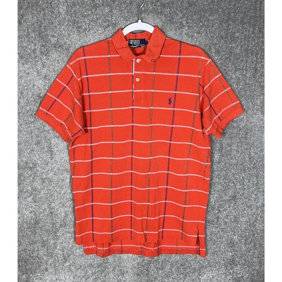 POLO Ralph Lauren Polo Shirt Mens‎ Size Large Orange Windowpane Cotton USA Made - Picture 1 of 7